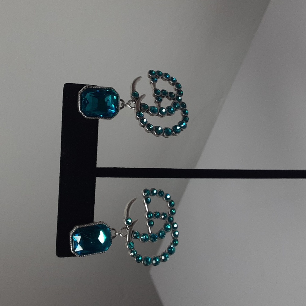Gucci Silver and Blue Rhinestone Dangle Earrings
